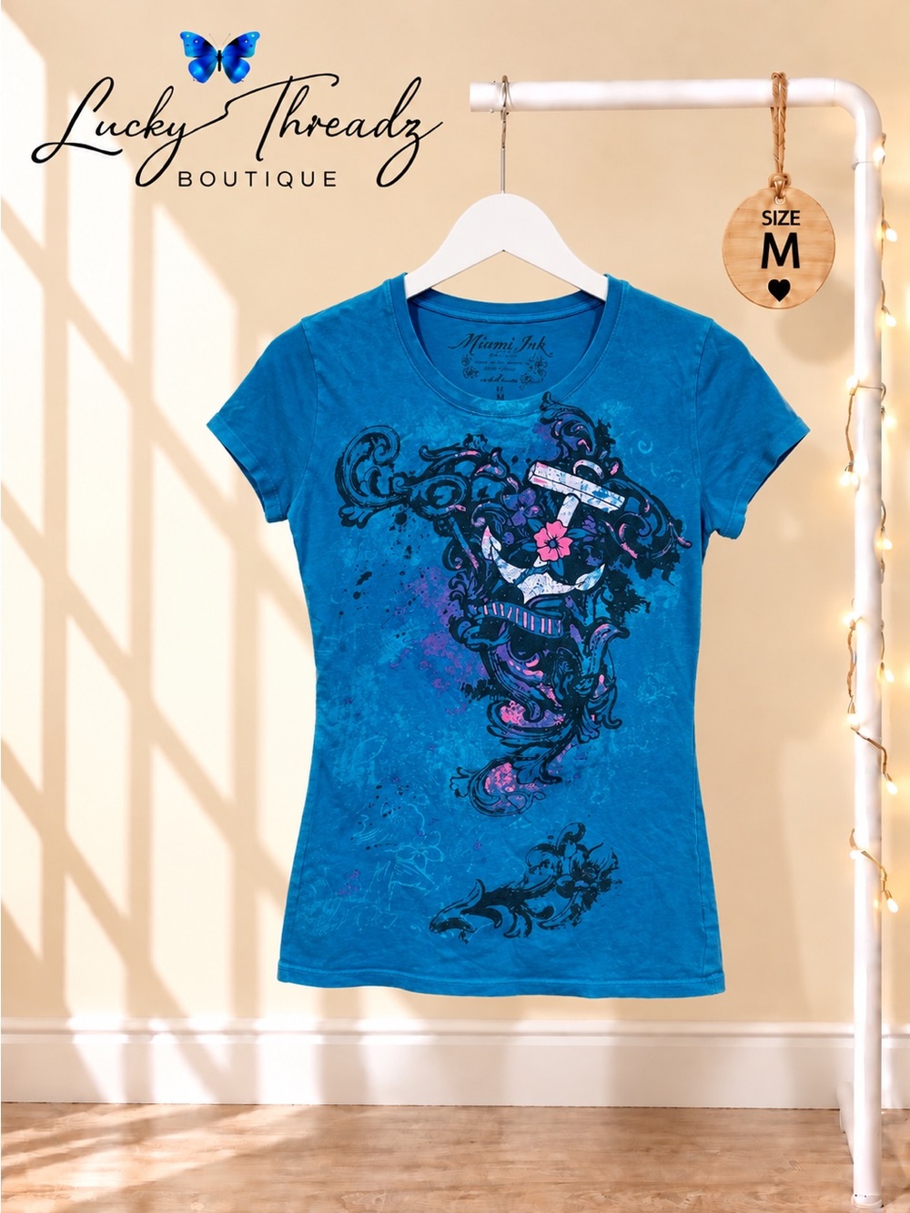 Vintage Y2K Miami Ink Anchor Graphic Baby Tee Shirt Blue Women's M